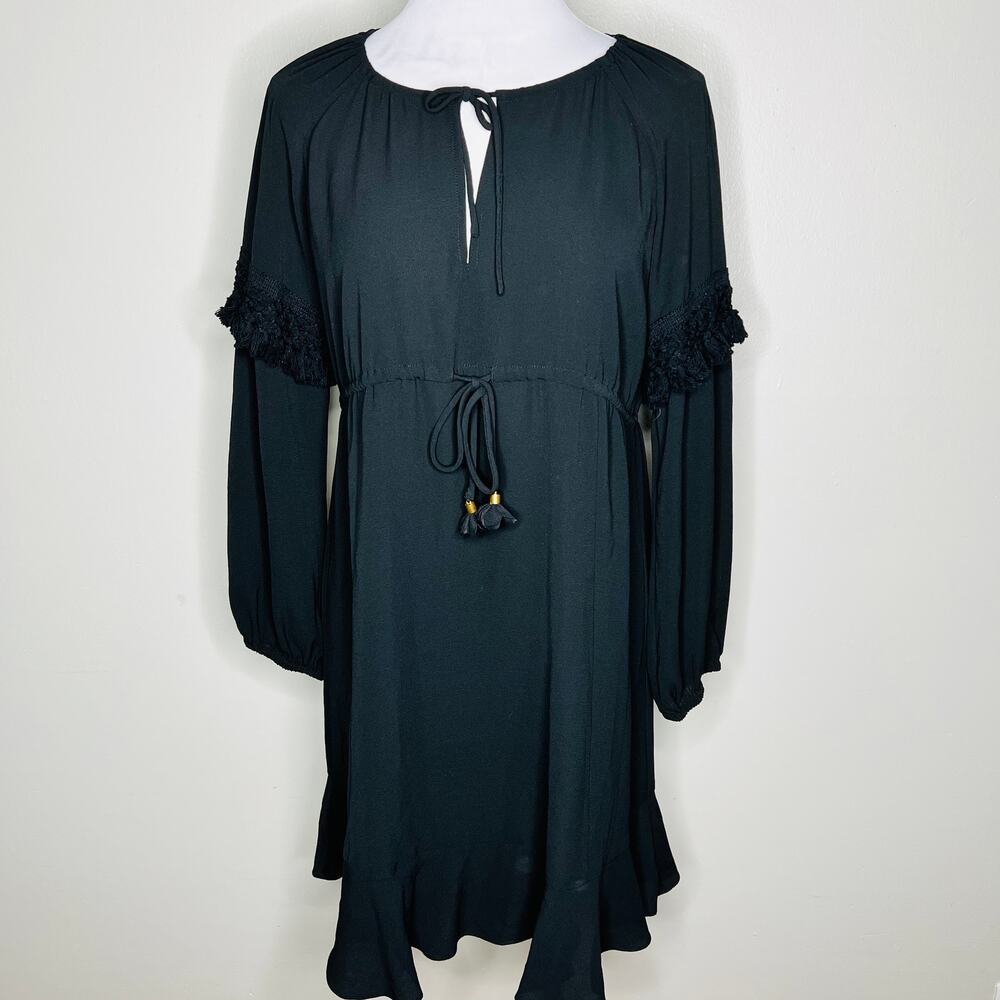 Sisley Shift Dress Medium Black Peasant Long Sleeve Fringe Versatile Knee Length